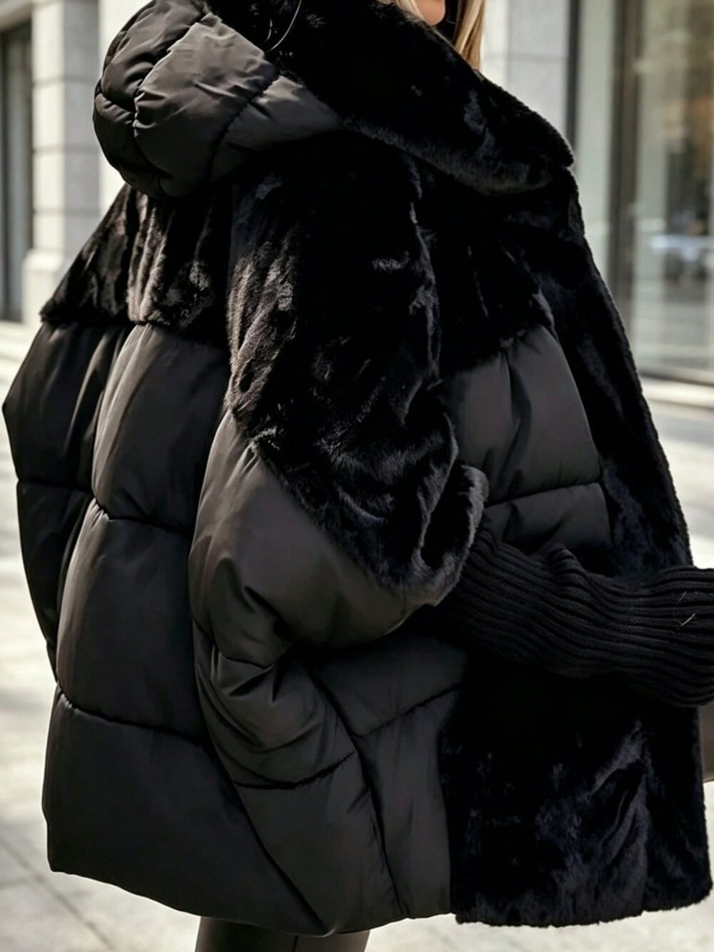 Black Casual Women's Loose Fit Quilted Faux Fur Trim Puffer
